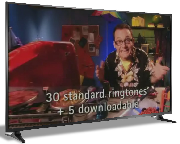 A television screen with an advertisement on it.